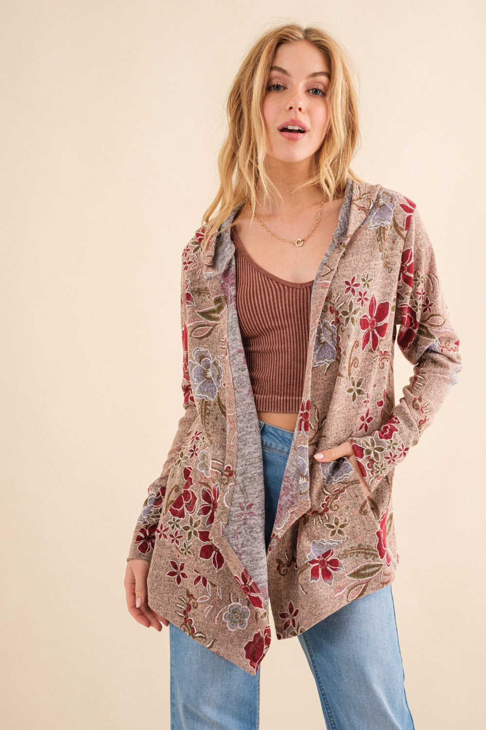 Floral Thermal Hooded Open Front Cardigan Blush Multi Long Sleeve Tops JT's Designer Fashion