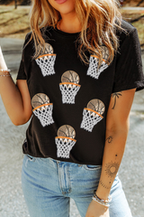Black Sequin Basketball Patched Graphic Game Day T Shirt Graphic Tees JT's Designer Fashion