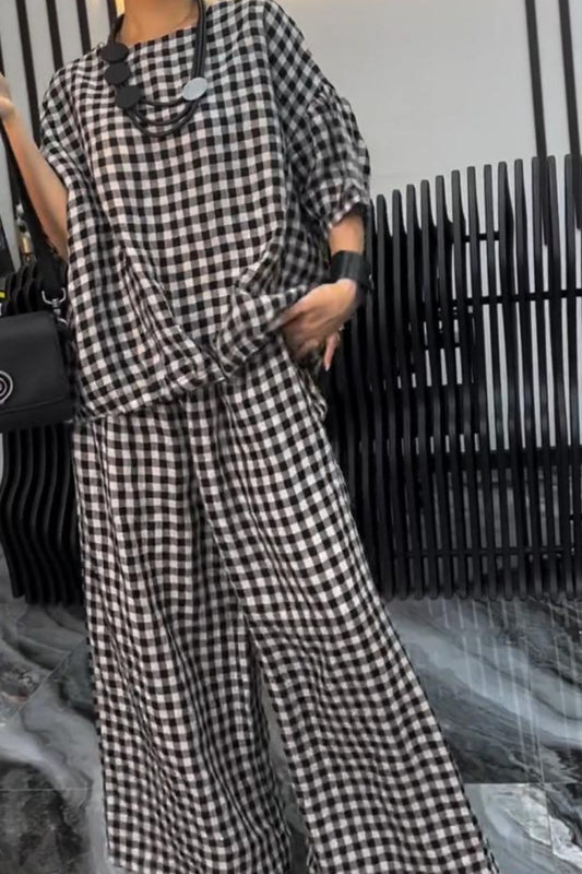 Full Size Plaid Round Neck Half Sleeve Top and Pants Set Dark Gray Pant Sets JT's Designer Fashion