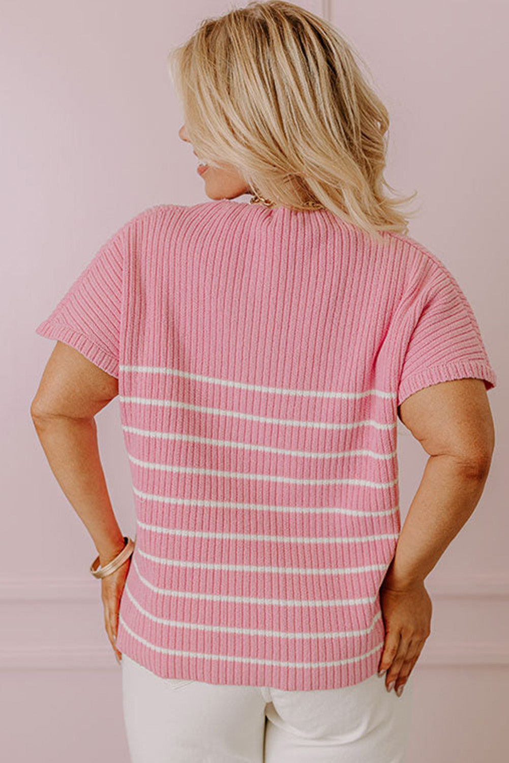 Pink Stripe Ribbed Loose Plus T Shirt Plus Size JT's Designer Fashion