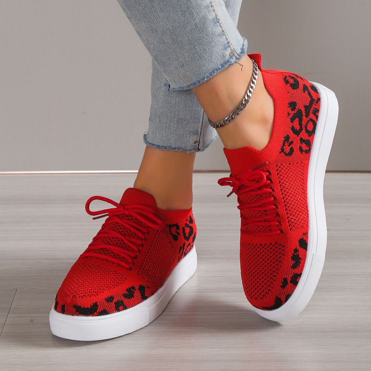 Lace-Up Leopard Flat Sneakers Shoes JT's Designer Fashion