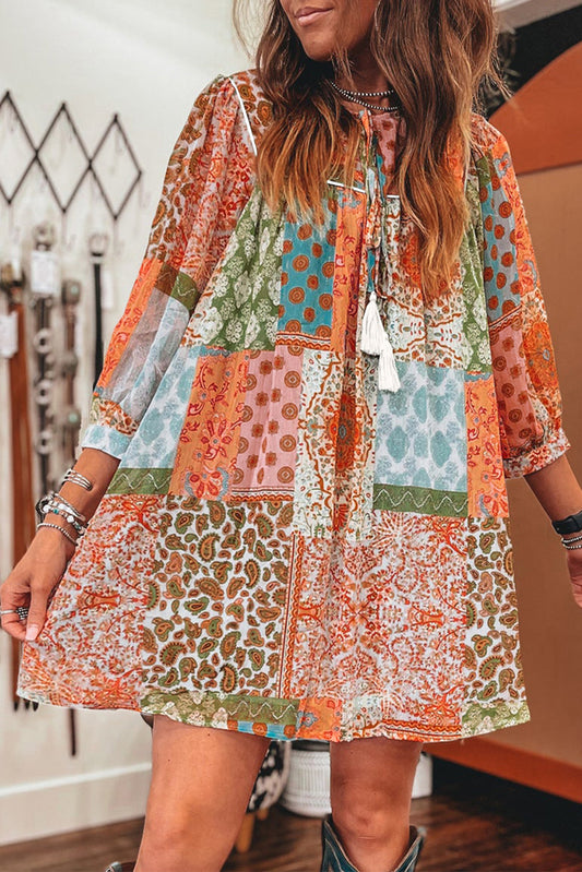 Orange Boho Paisley Mixed Print 3/4 Sleeve Chiffon Loose Dress Mini Dresses JT's Designer Fashion