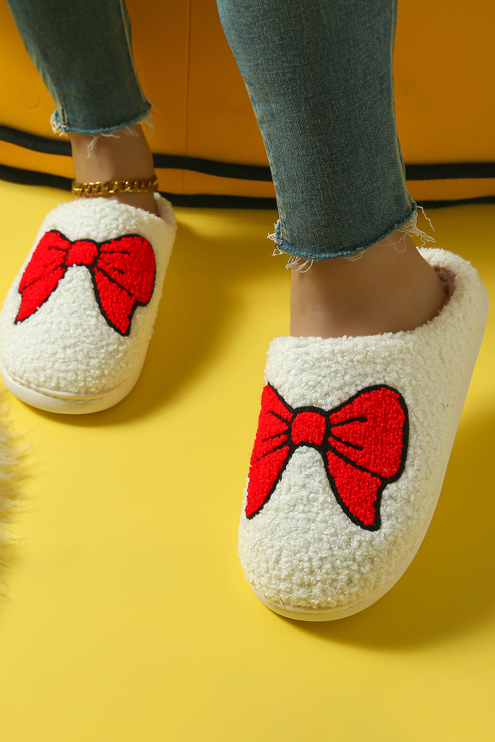 White Sweet Bow Knot Plush Warm Slippers Slippers JT's Designer Fashion