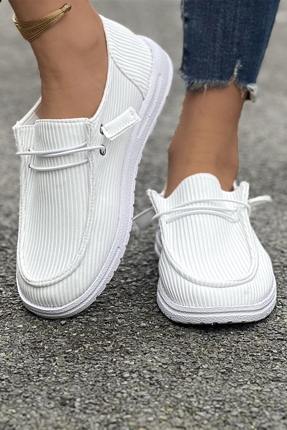 White Ribbed Lace-up Decor Slip On Shoes Women's Shoes JT's Designer Fashion