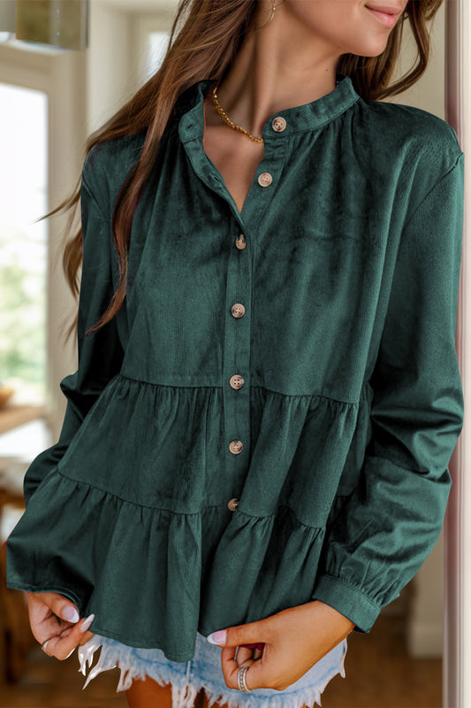 Peplum Round Neck Long Sleeve Shirt Dark Green Long Sleeve Tops JT's Designer Fashion