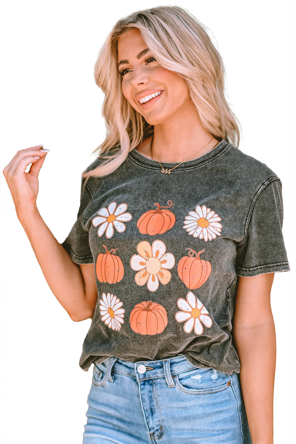 Black Pumpkin Floret Graphic Vintage Washed T-shirt Graphic Tees JT's Designer Fashion