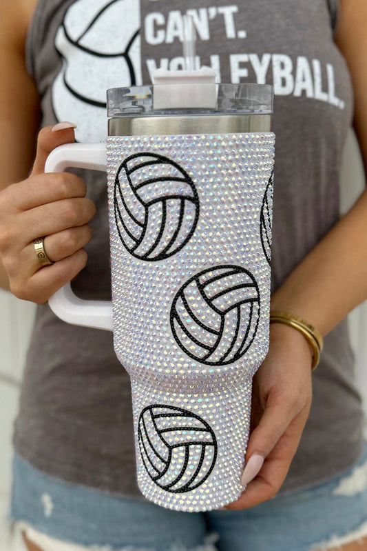 White 40 Oz Rhinestone Volleyball Tumbler with Handle Tumblers JT's Designer Fashion