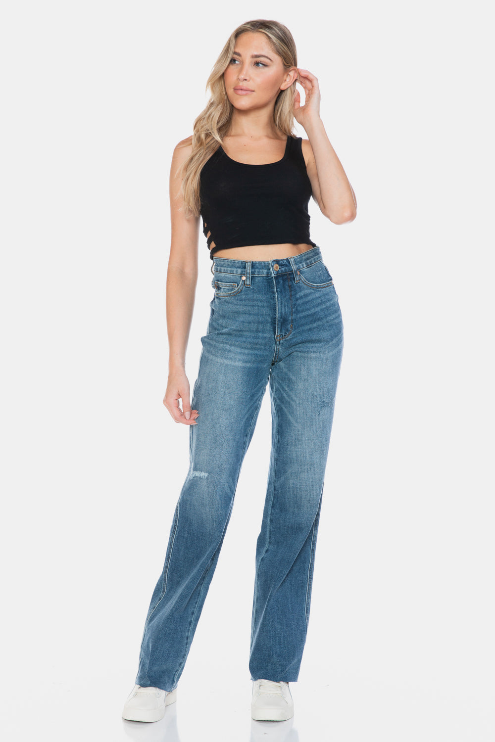 Judy Blue Full Size Tummy Control Cut Raw Hem Straight Jeans Jeans JT's Designer Fashion