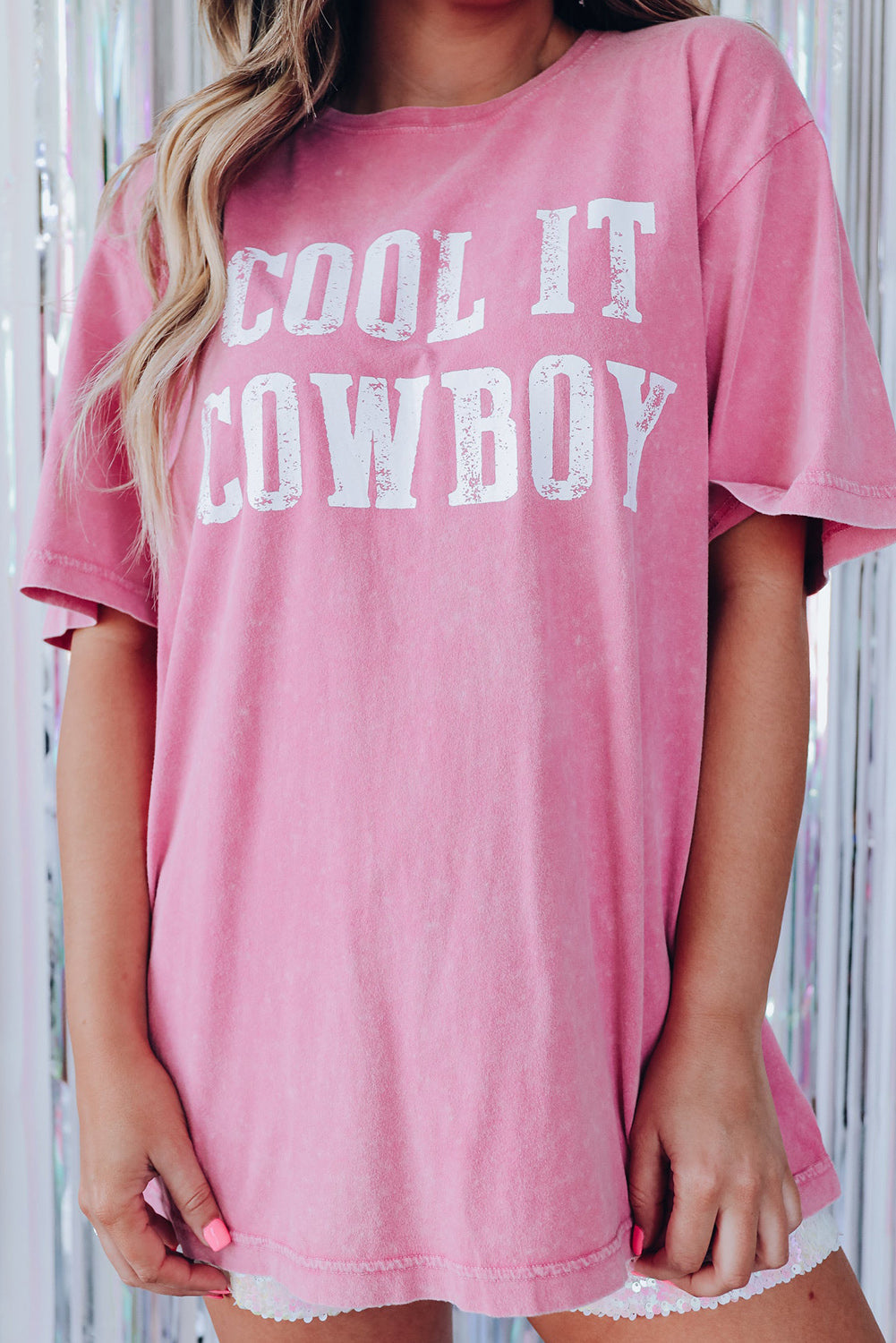 Pink Mineral Wash Cool It Cowboy Graphic Oversized Tee Pre Order Tops JT's Designer Fashion