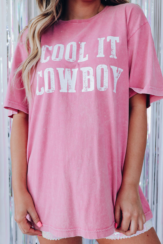 Pink Mineral Wash Cool It Cowboy Graphic Oversized Tee Tops & Tees JT's Designer Fashion