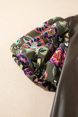 Four Leaf Clover Floral Bubble Sleeve Patchwork Leatherette Frilled Round Neck Blouse Blouses & Shirts JT's Designer Fashion