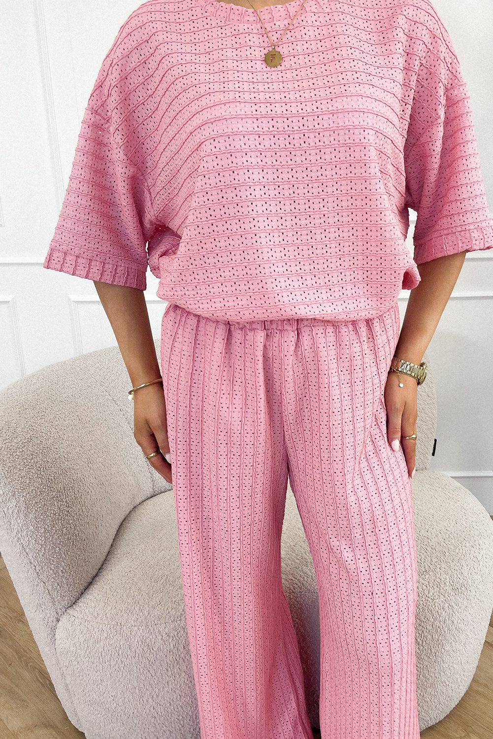 Pink Textured Half Sleeve Tee and Wide Leg Pants Set Bottoms JT's Designer Fashion