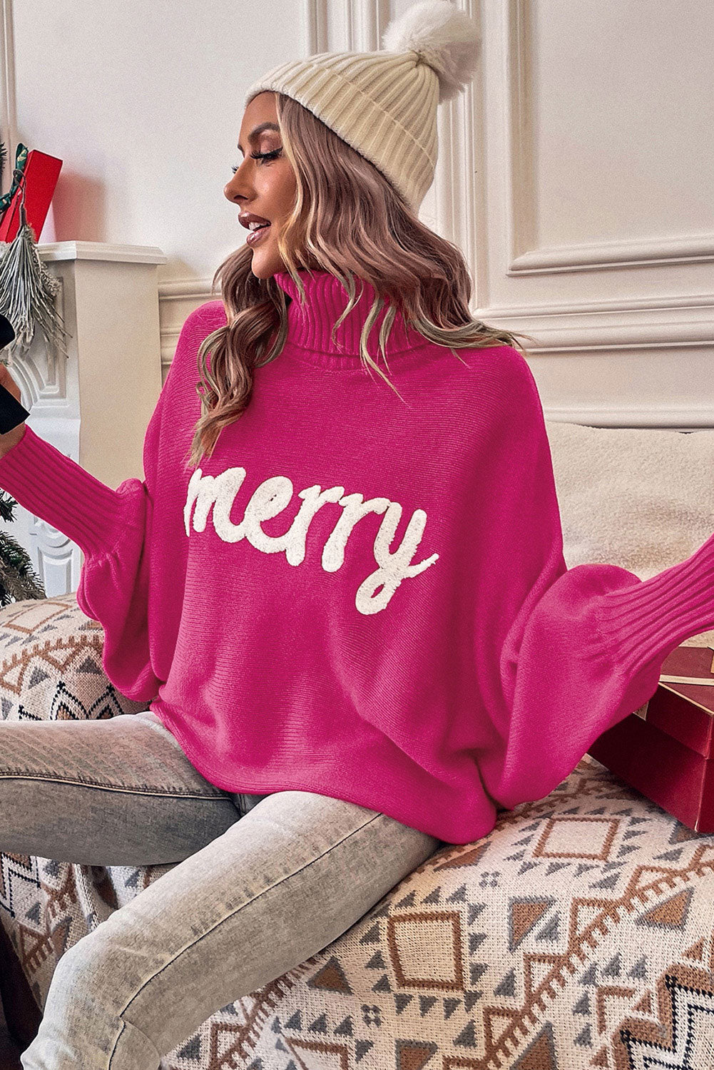 Rose Merry Letter Embroidered High Neck Sweater Sweaters & Cardigans JT's Designer Fashion