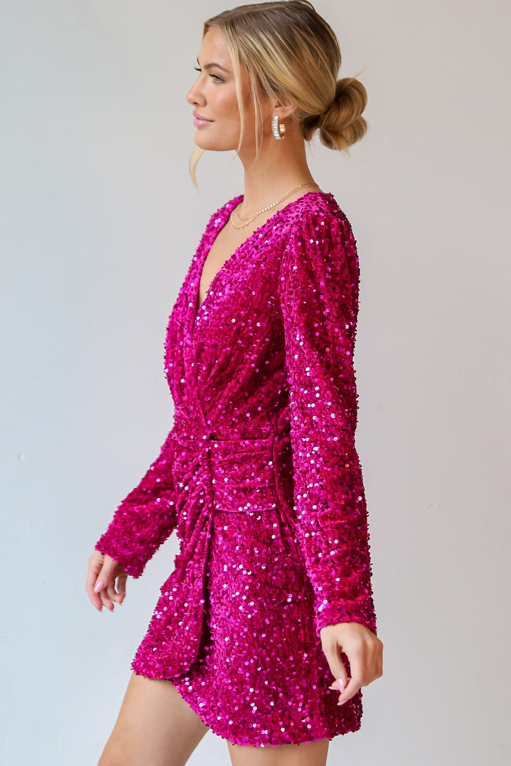 Pitaya Pink Velvet Sequin Long Sleeve V Neck Wrapped Mini Dress Sequin Dresses JT's Designer Fashion