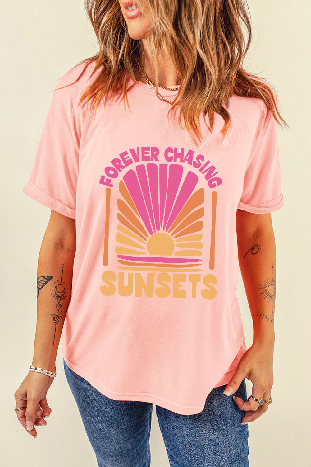 Pink FOREVER CHASING SUNSET Graphic T Shirt Graphic Tees JT's Designer Fashion