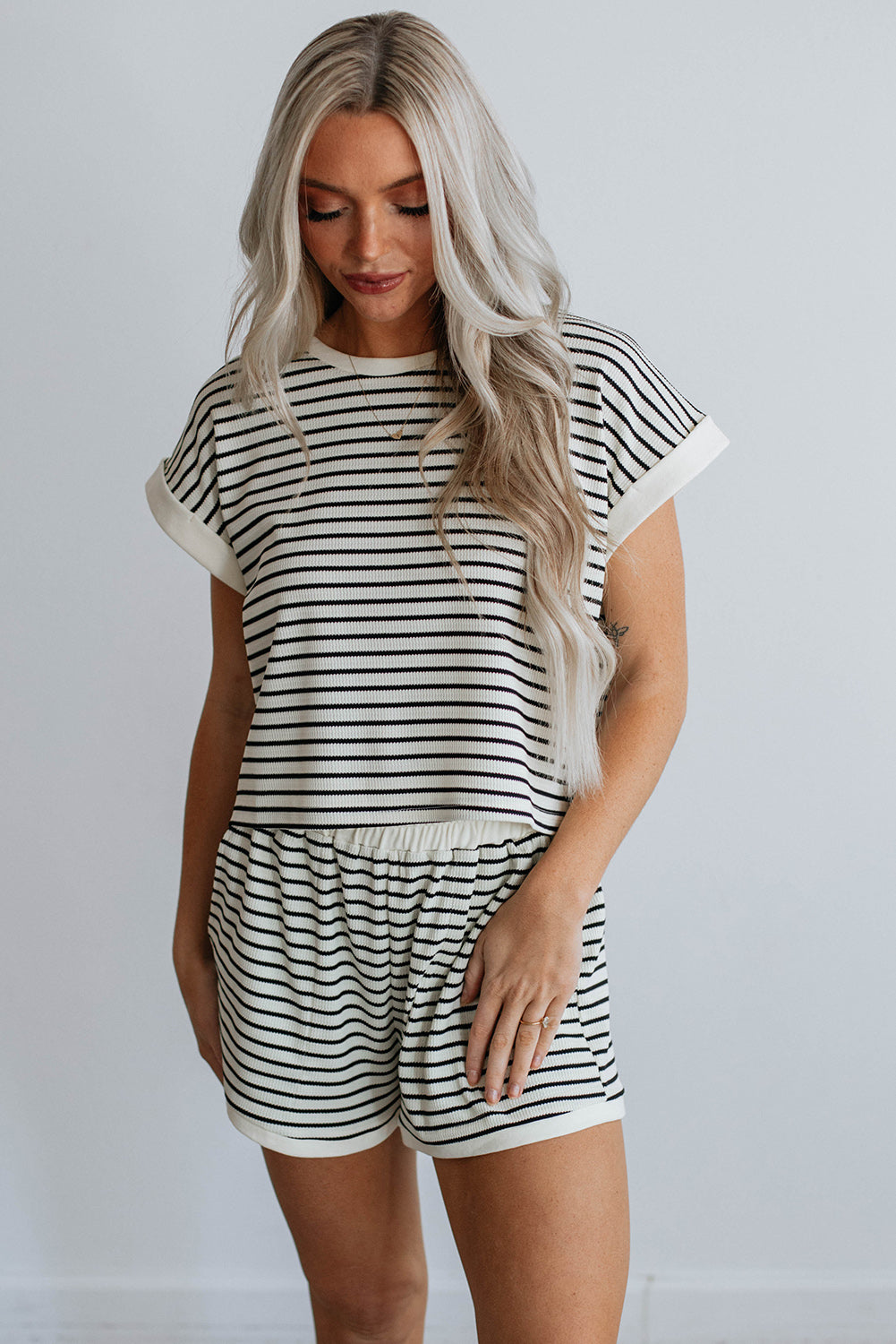 White Stripe Contrast Edge Tee and Shorts Set Bottoms JT's Designer Fashion