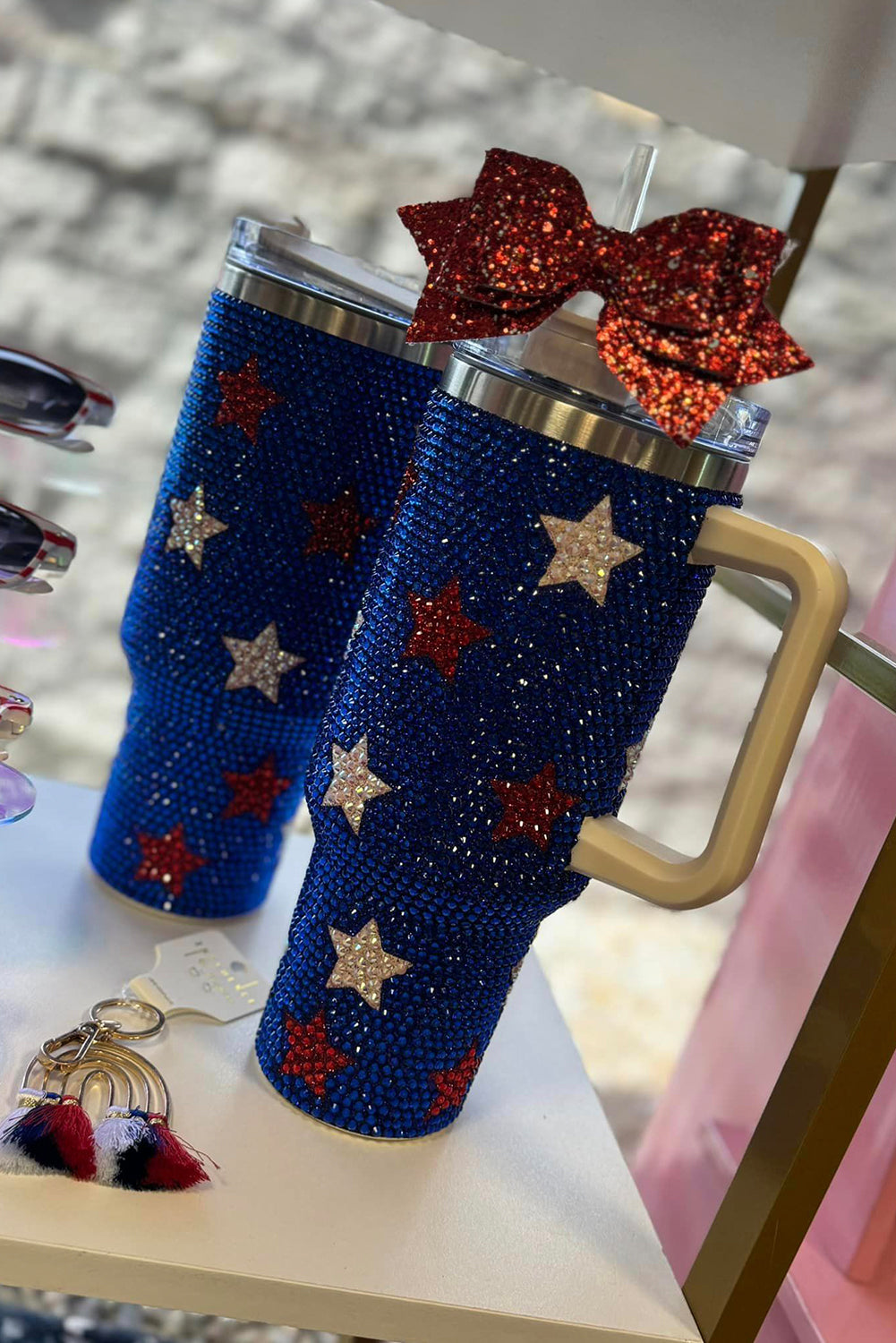 Dark Blue Star Shape Rhinestone Handle Large Vacuum Cup 40oz Tumblers JT's Designer Fashion