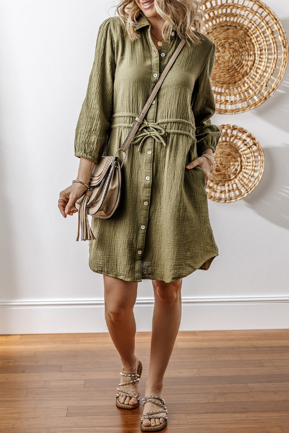 Jungle Green Textured Bracelet Sleeve Collared Button Up Dual Tied Mini Dress Mini Dresses JT's Designer Fashion