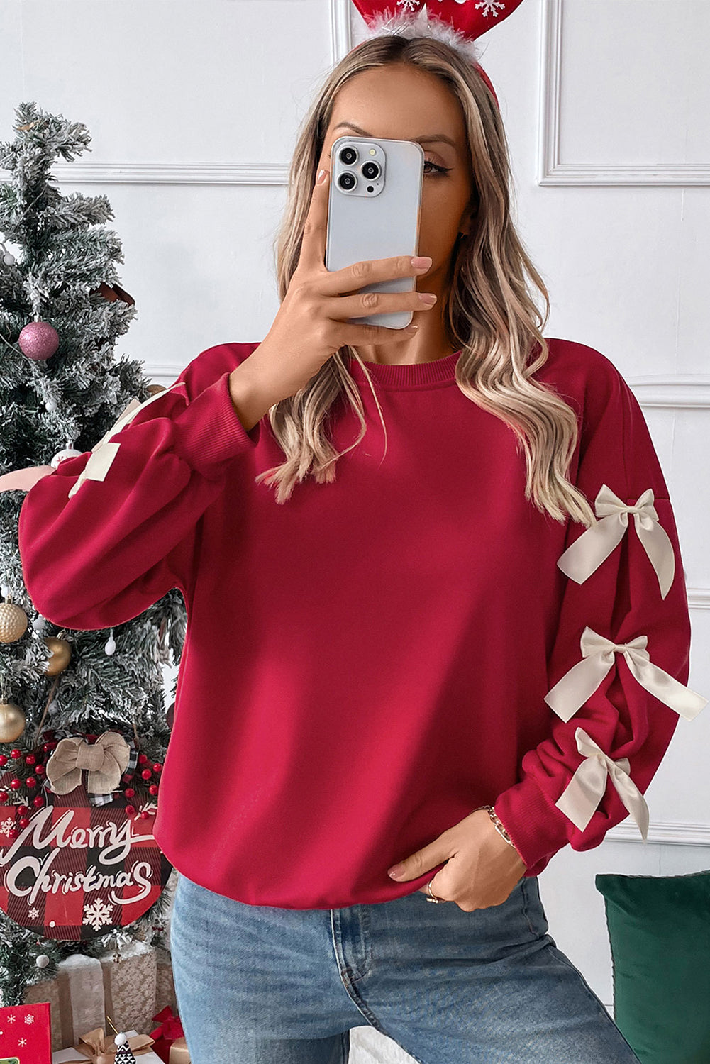 Fiery Red Contrast Bow Decor Dropped Sleeve Crewneck Sweatshirt Sweatshirts & Hoodies JT's Designer Fashion