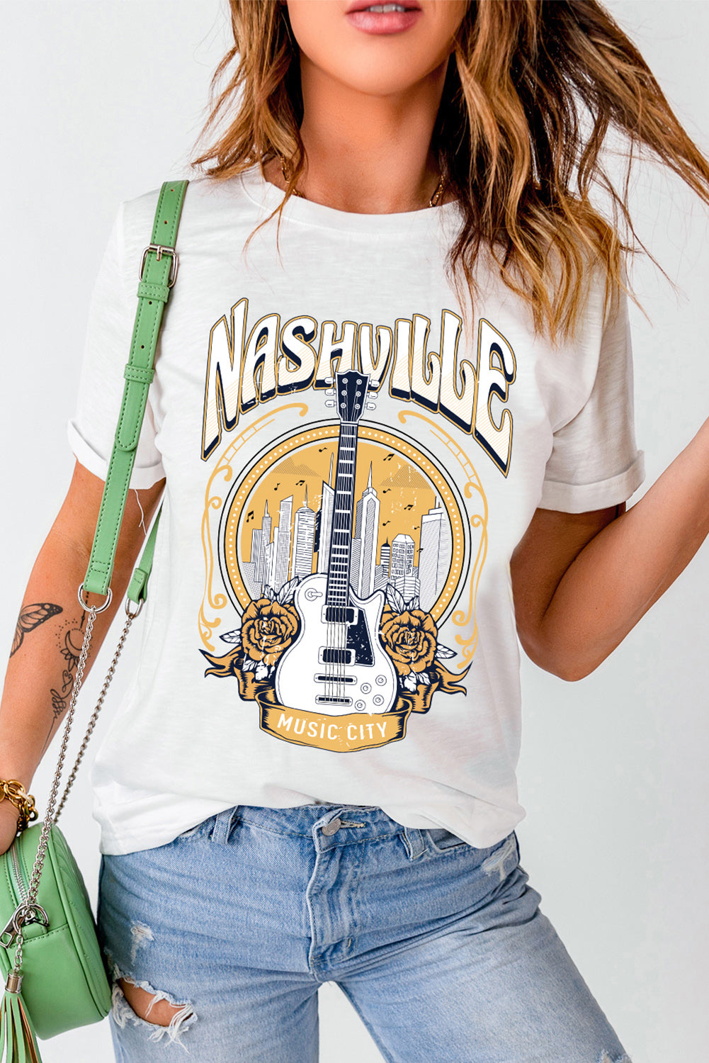 White Music City NASHVILLE Guitar Graphic T Shirt Graphic Tees JT's Designer Fashion