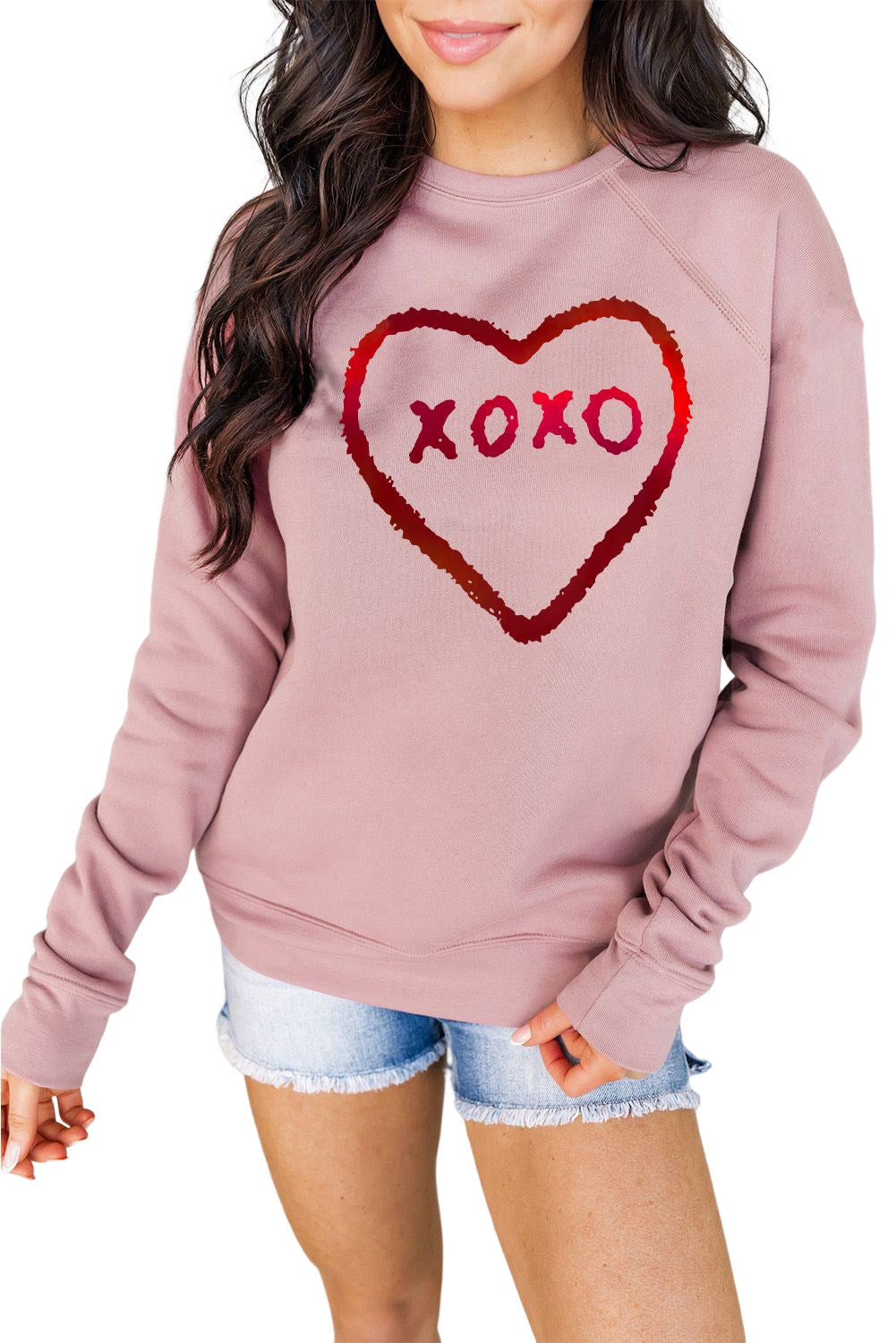 Pink XOXO Heart Shaped Glitter Print Long Sleeve Sweatshirt Graphic Sweatshirts JT's Designer Fashion