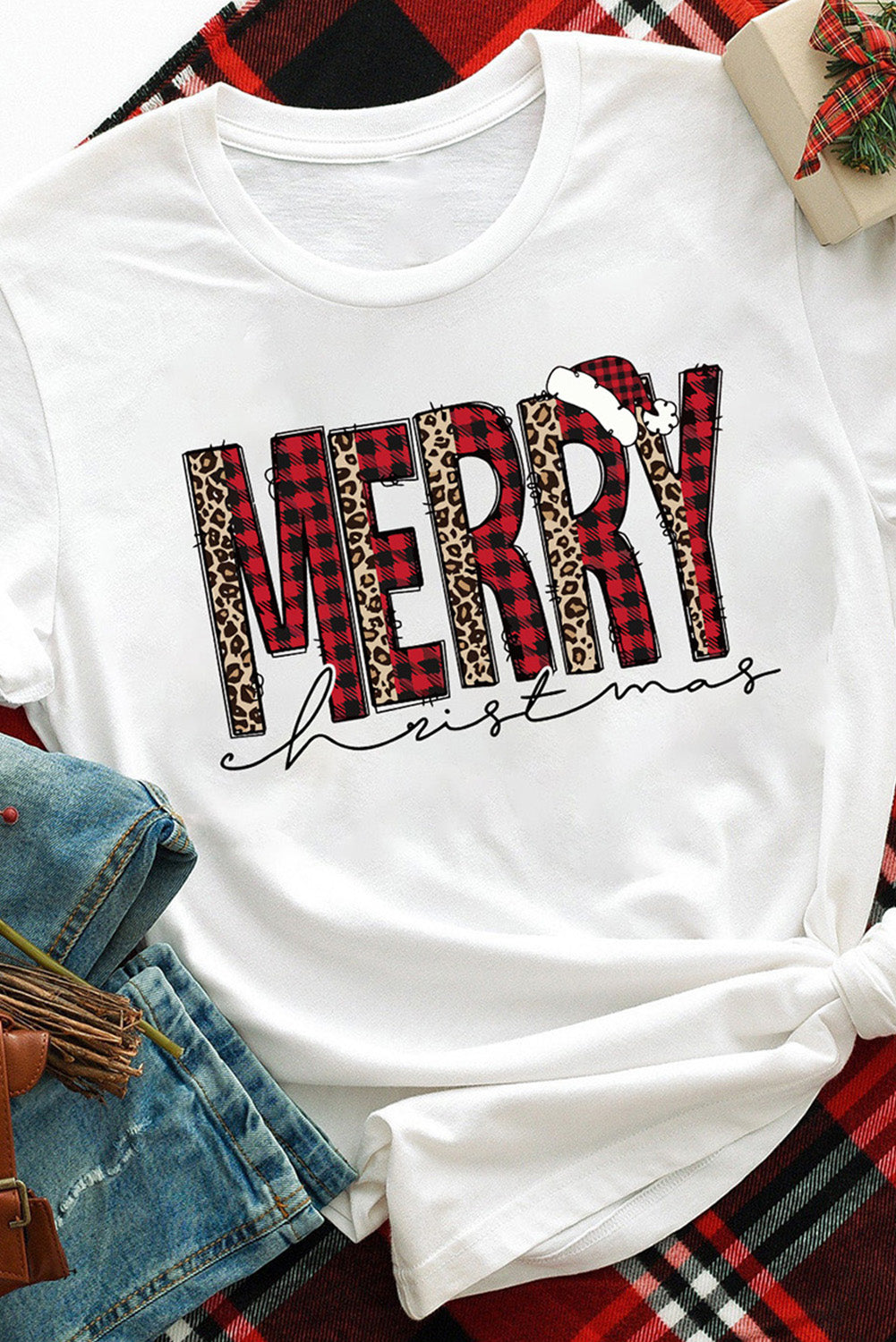 White Plaid Leopard MERRY Christmas Print T Shirt Graphic Tees JT's Designer Fashion