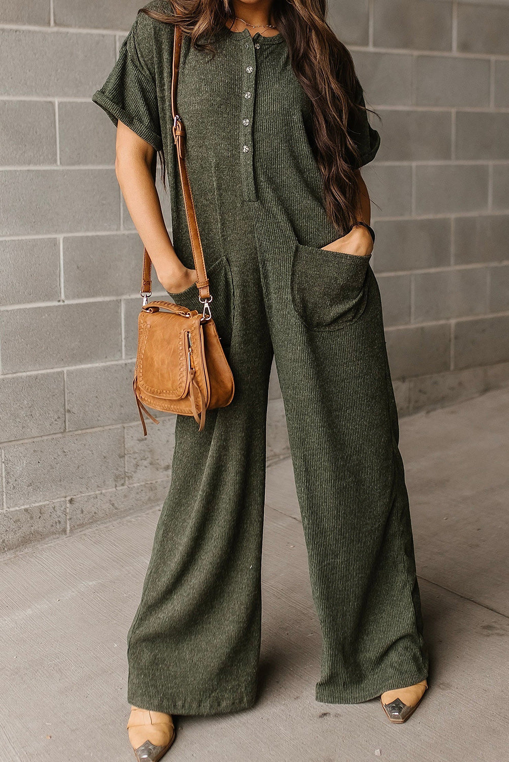 Jungle Green Textured Side Pockets Buttoned Wide Leg Jumpsuit Pre Order Bottoms JT's Designer Fashion