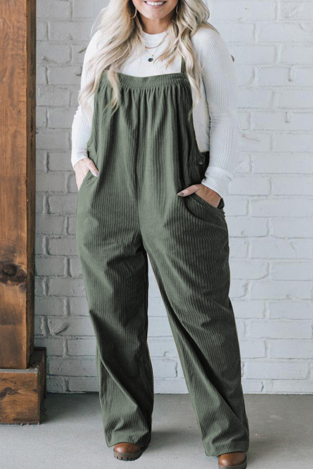 Jungle Green Plus Size Corduroy Pocketed Wide Leg Overall Jungle Green 100%Polyester Plus Size Bottoms JT's Designer Fashion