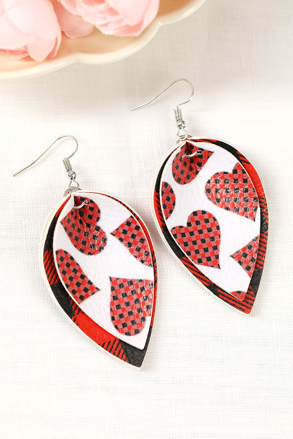 Red Plaid Valentine Heart Multilayered Earrings Jewelry JT's Designer Fashion