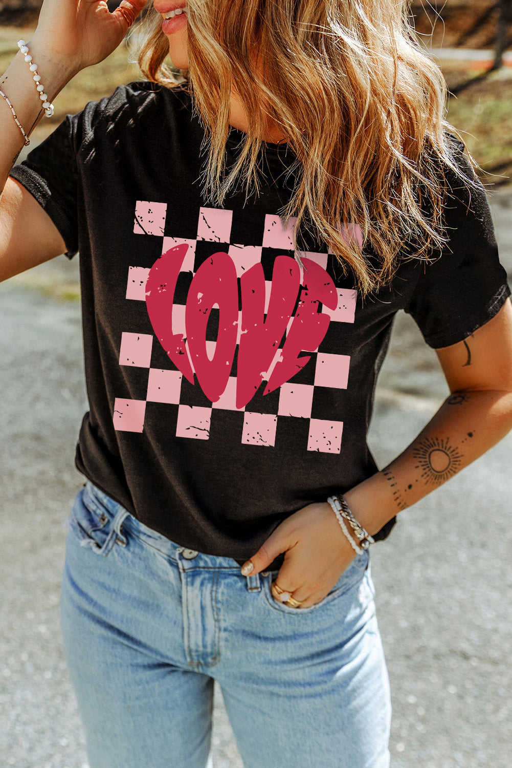 Black LOVE Checkered Graphic Valentine Tee Graphic Tees JT's Designer Fashion