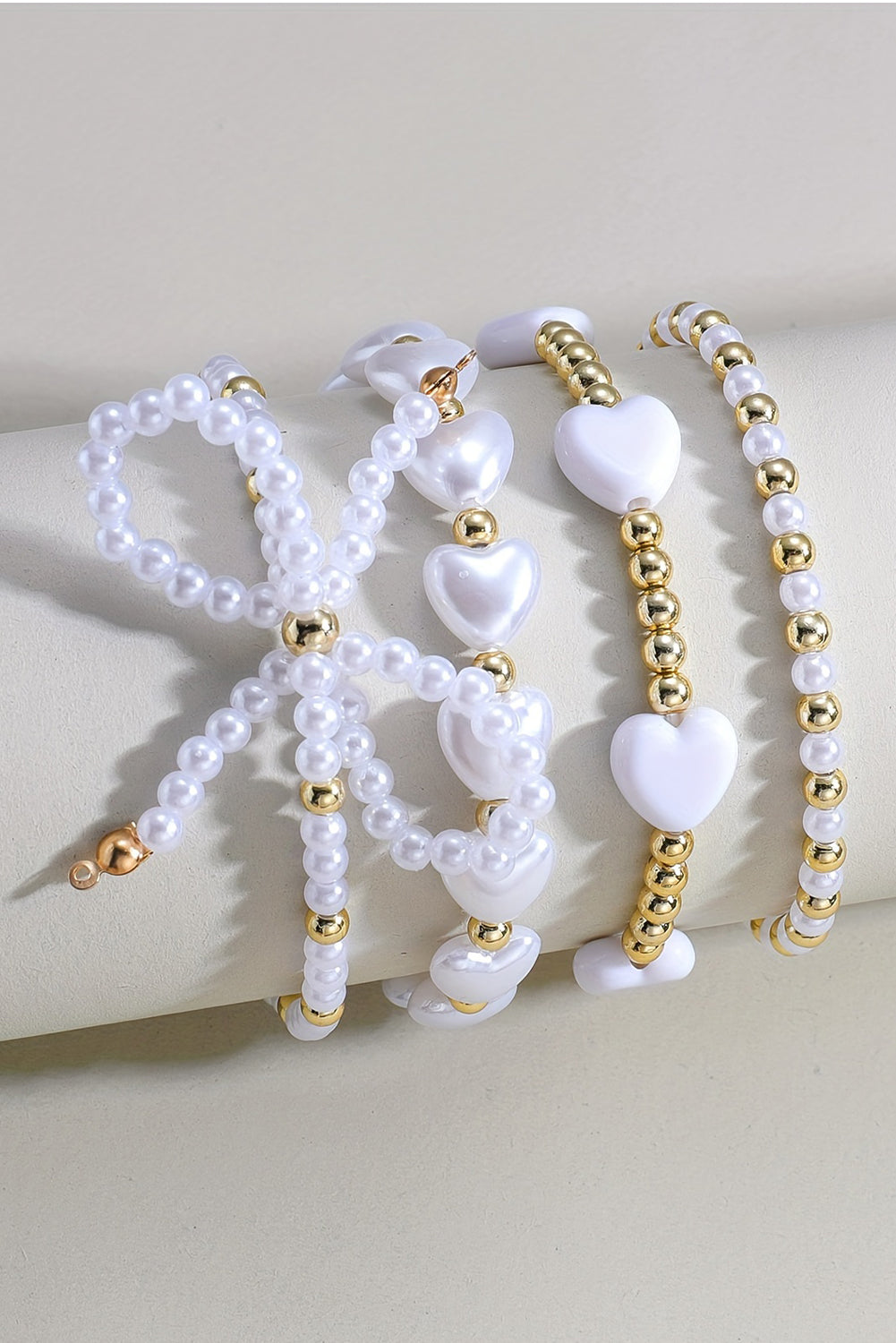 White Bow Knot Heart Shape Faux Pearl Beaded Bracelet Set Jewelry JT's Designer Fashion