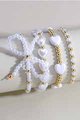 White Bow Knot Heart Shape Faux Pearl Beaded Bracelet Set Jewelry JT's Designer Fashion