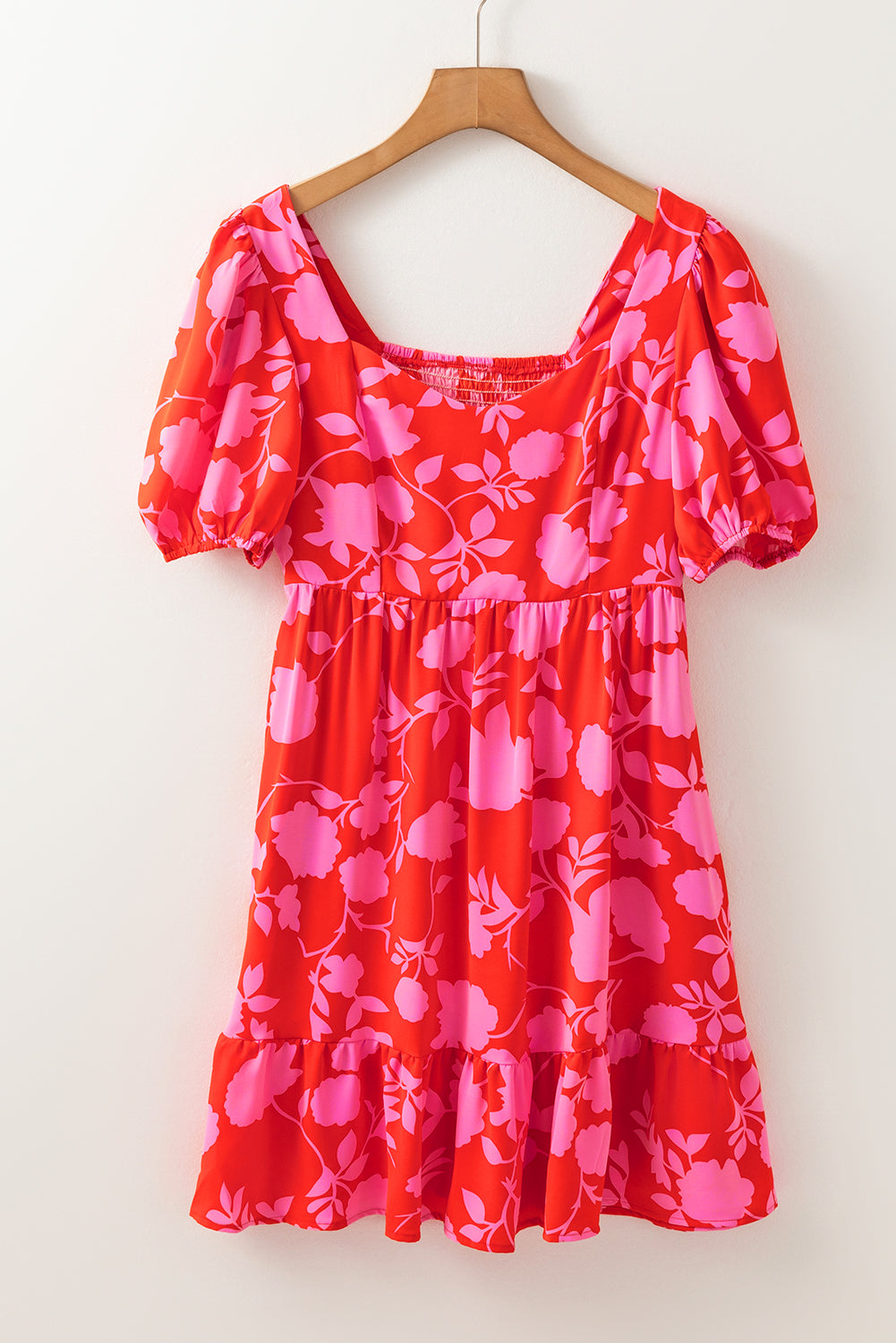 Red Floral Bubble Sleeve Sweetheart Neck Ruffled Mini Dress Floral Dresses JT's Designer Fashion