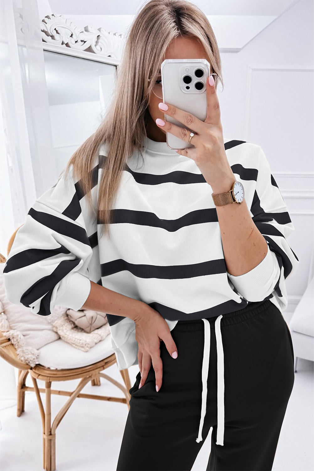 Black Stripe Drop Shoulder Pullover and Jogger Pants Set Pant Sets JT's Designer Fashion