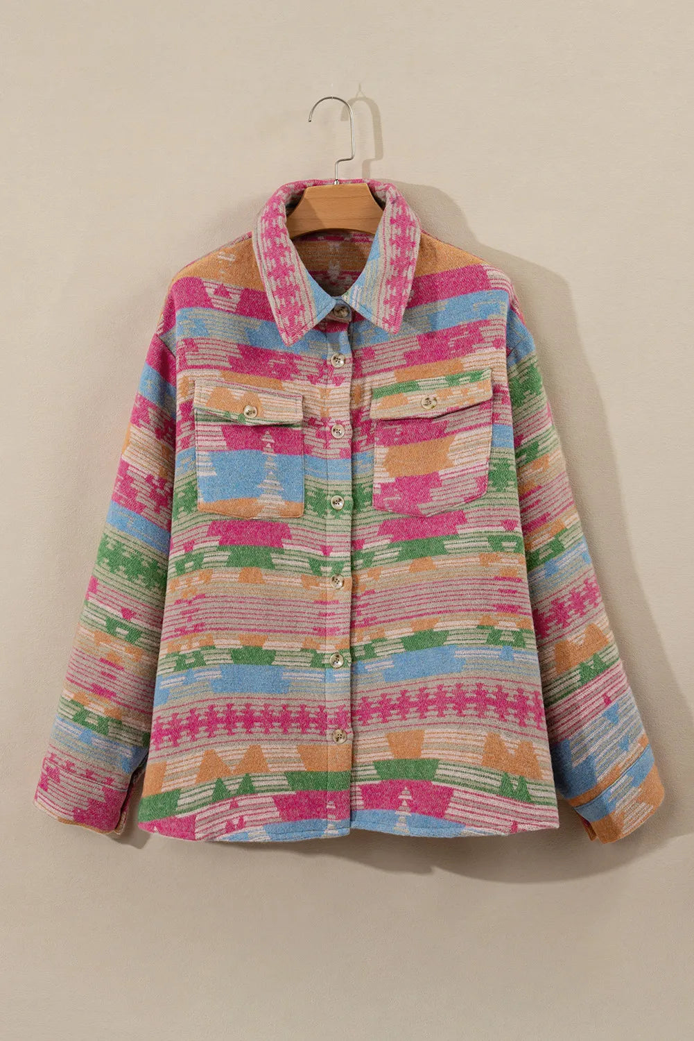 Plus Size Pocketed Printed Collared Neck Jacket Long Sleeve Tops JT's Designer Fashion