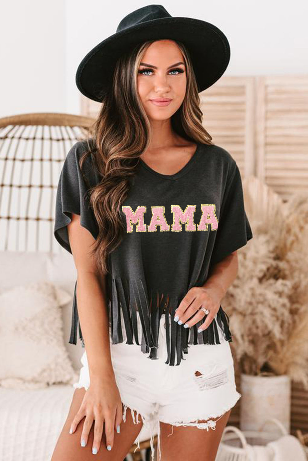 Black MAMA Chenille Graphic Fringed Hem Tee Graphic Tees JT's Designer Fashion