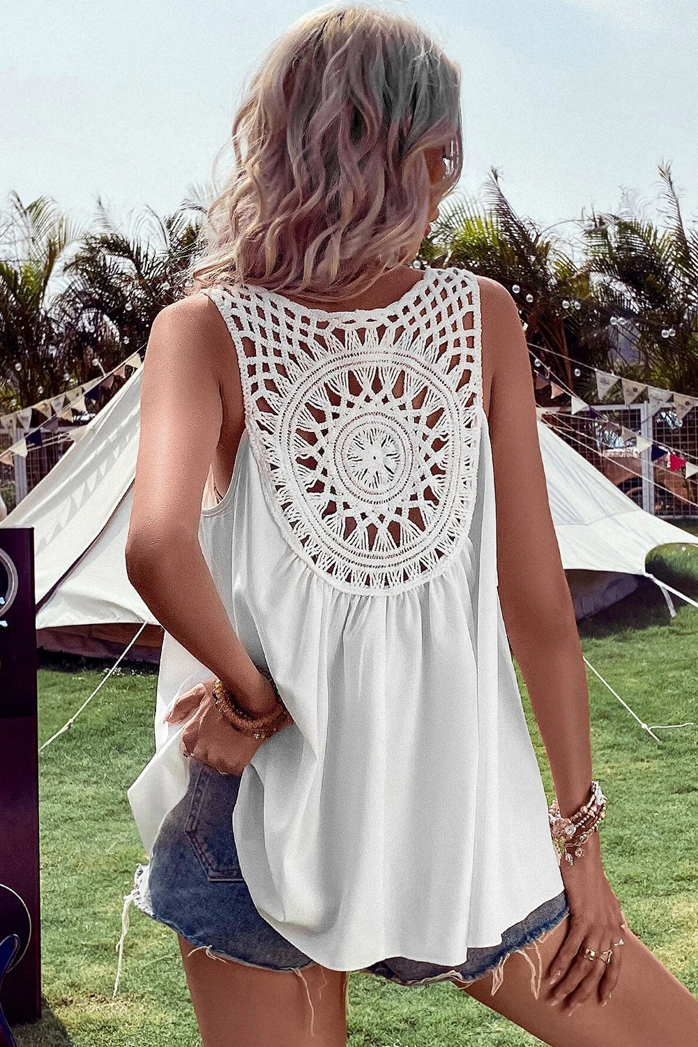 White Bohemian Crochet Patchwork Sleeveless Tunic Tank Tops JT's Designer Fashion