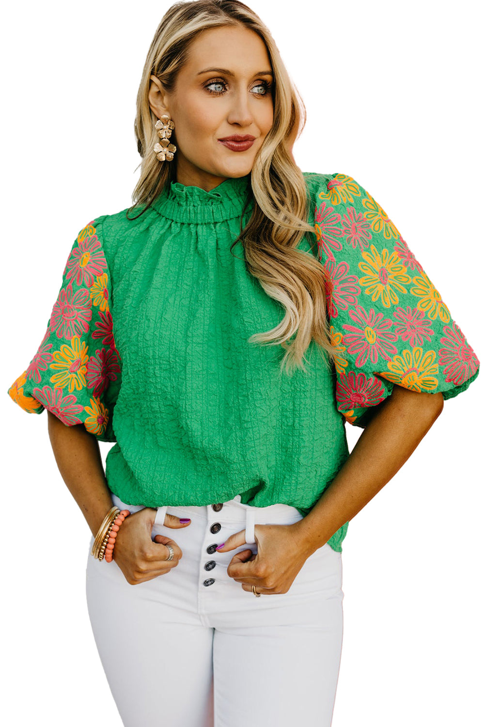 Bright Green Floral Puff Short Sleeve Ruffled Collar Button Back Top Blouses & Shirts JT's Designer Fashion