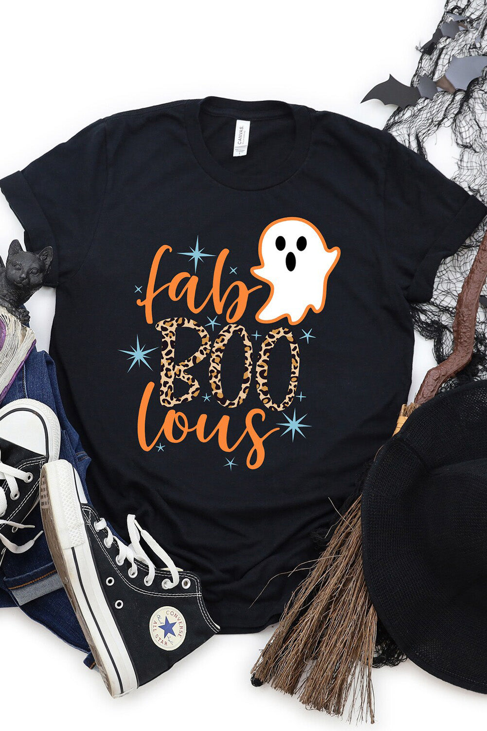 Black Fab Boo Lous Ghost Print Short Sleeve Graphic Tee Black 95%Polyester+5%Elastane Graphic Tees JT's Designer Fashion