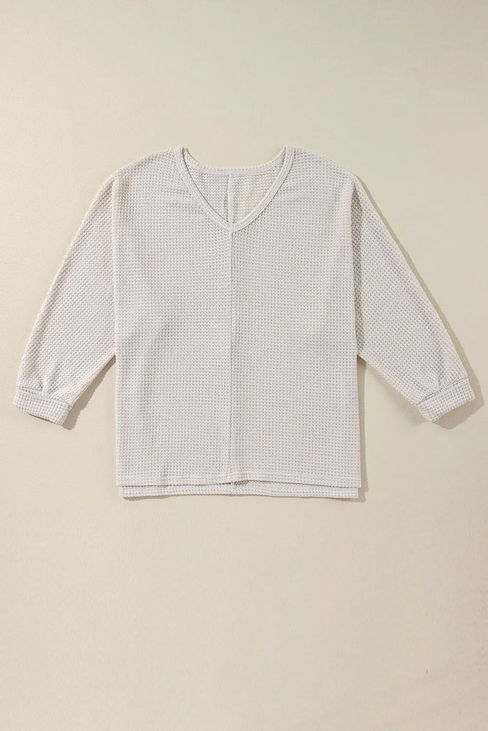 Waffle-Knit Slit V-Neck Long Sleeve Blouse Long Sleeve Tops JT's Designer Fashion