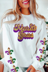 Beige Sequin Mardi Gras Patched Pattern Fleur de Lis Sleeve Sweatshirt Beige 50%Polyester+50%Cotton Graphic Sweatshirts JT's Designer Fashion