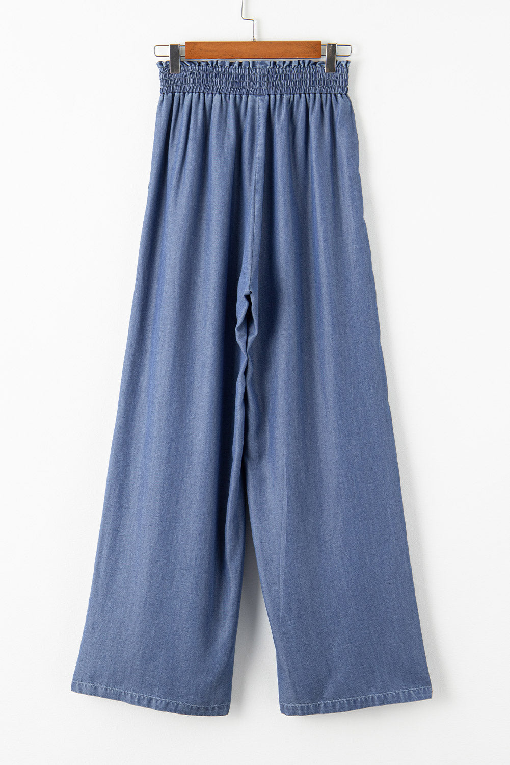 Sky Blue Side Pockets Frilled Smocked High Waist Wide Leg Jeans Bottoms JT's Designer Fashion