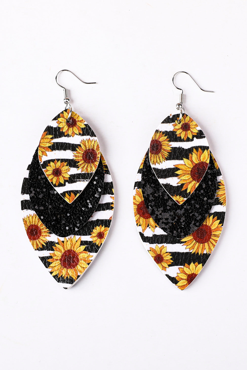 Leopard Sunflower Black Sequined Leaf Multi-Layered Leather Earrings Jewelry JT's Designer Fashion