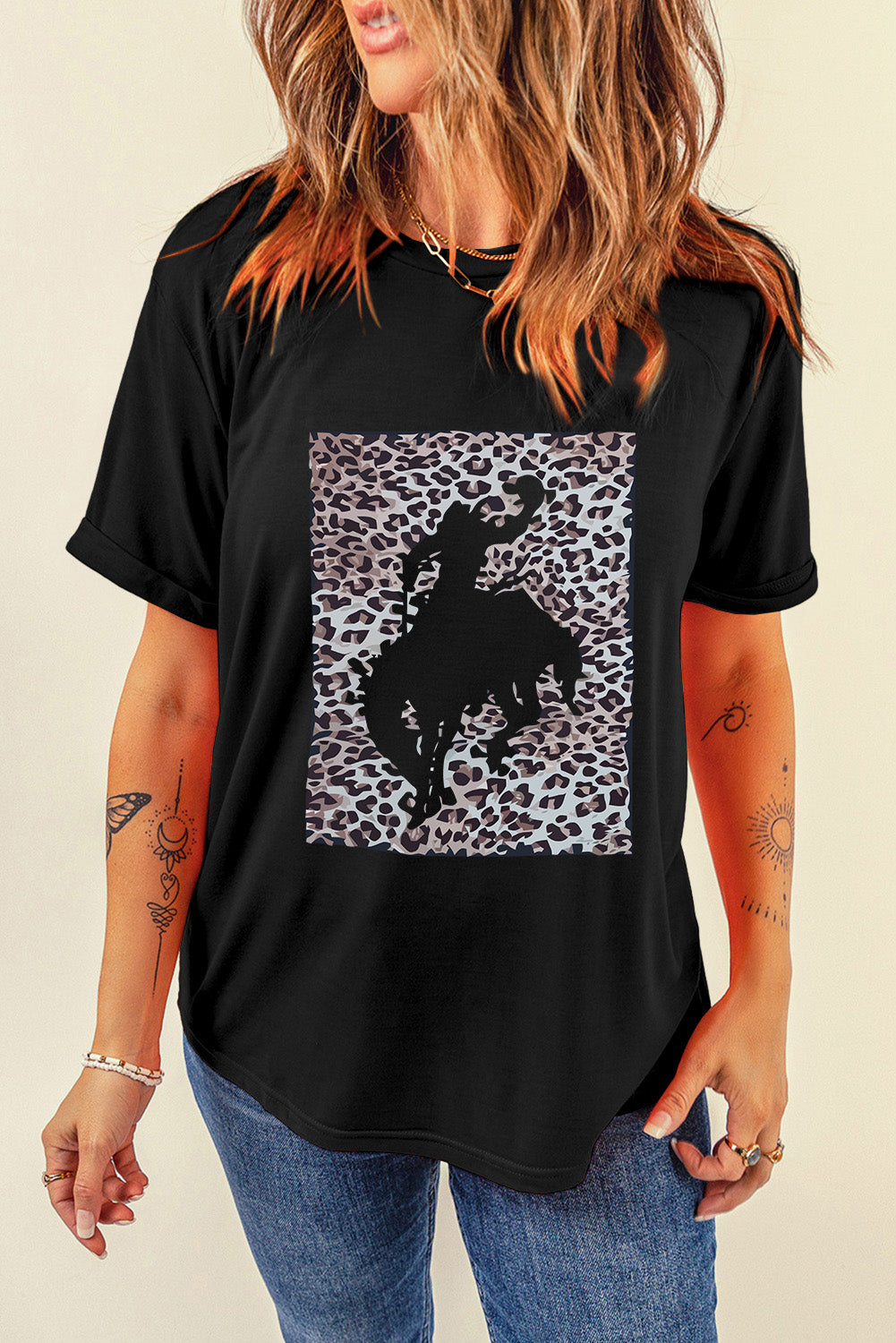 Black Leopard Hollowed Cowboy Graphic T-shirt Graphic Tees JT's Designer Fashion