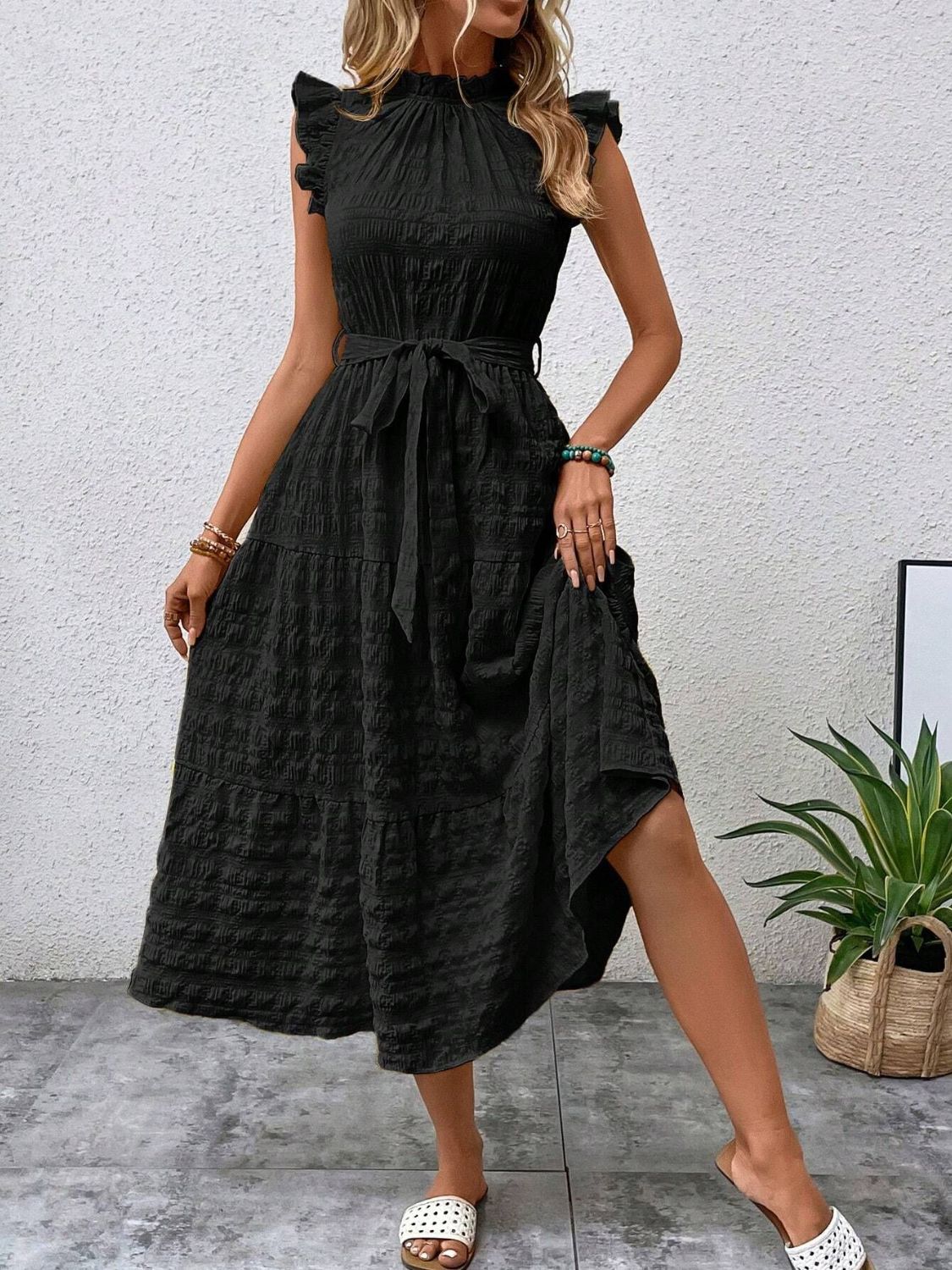 Tied Ruffled Cap Sleeve Midi Dress Midi Dresses JT's Designer Fashion