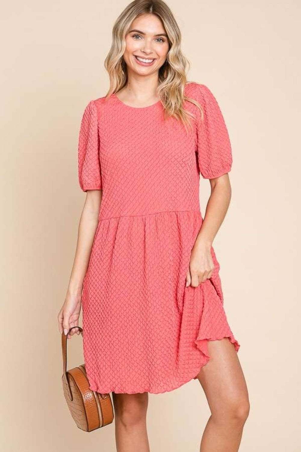 Textured Round Neck Puff Sleeve Dress New Coral Pink Mini Dresses JT's Designer Fashion