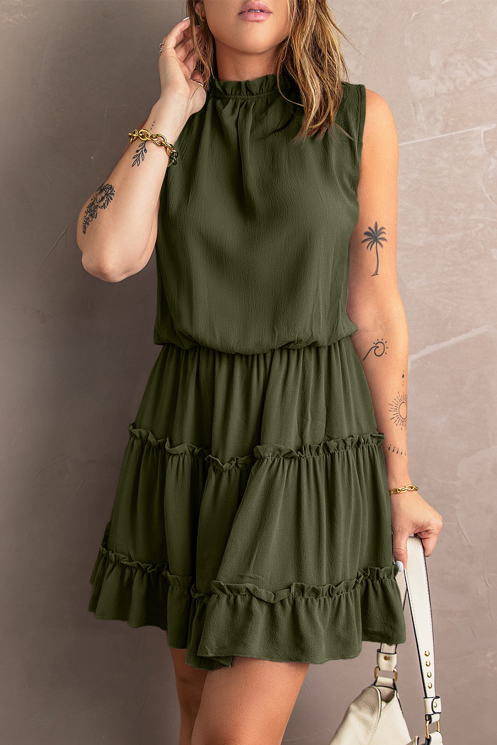 Green Sleeveless V Neck Ruffled Swing Mini Dress Mini Dresses JT's Designer Fashion