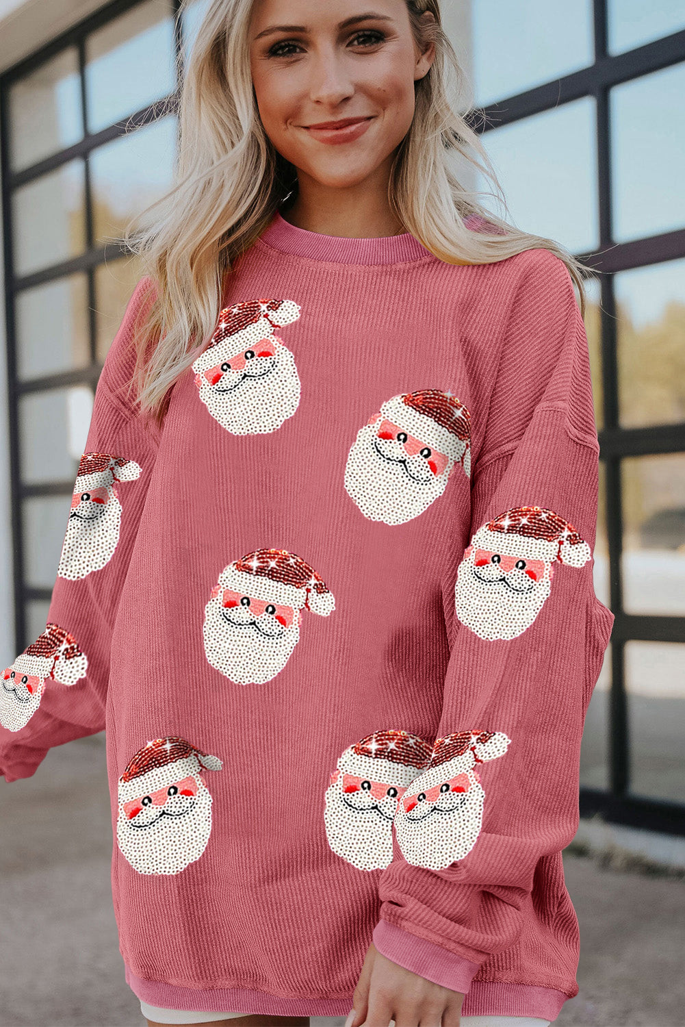 Strawberry Pink Sequined Santa Claus Graphic Corded Sweatshirt Graphic Sweatshirts JT's Designer Fashion