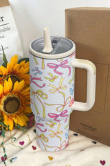 White Bow Knot Print Handle Straw Insulate Tumbler 40oz Tumblers JT's Designer Fashion