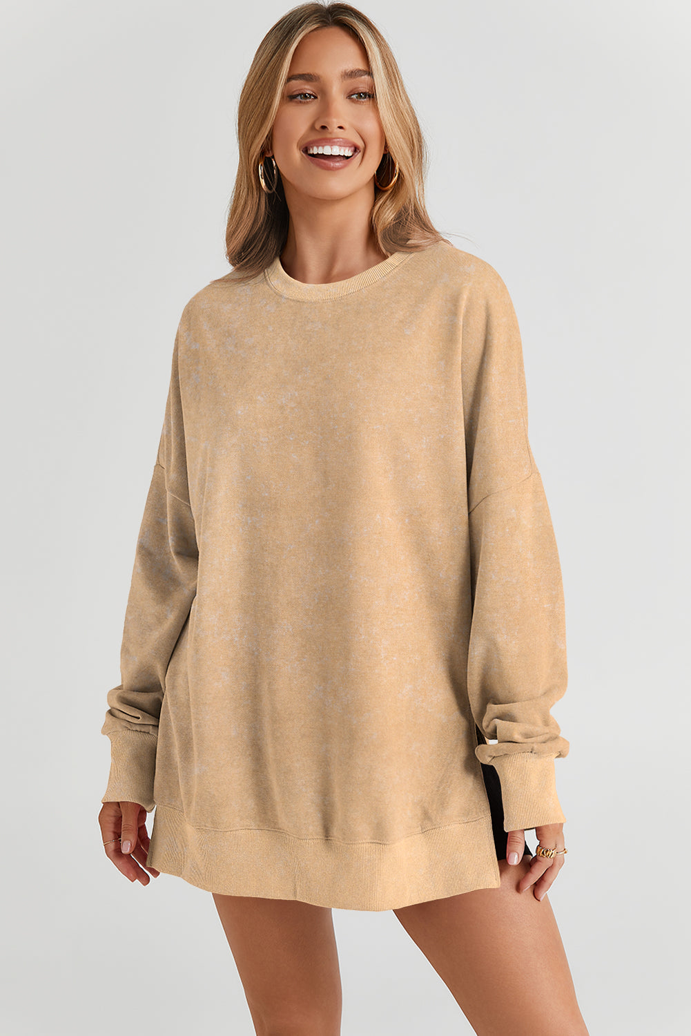 Khaki Drop Shoulder Ribbed Trim Oversized Sweatshirt Sweatshirts & Hoodies JT's Designer Fashion